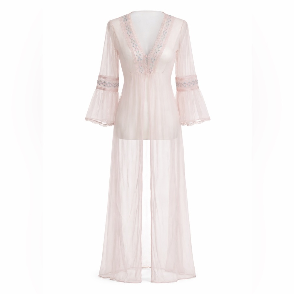 Vintage Rikki New York Sheer Pink Lace Embroidered Peignoir Robe Boho Large